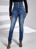 Jeans skinny vita alta con bottone